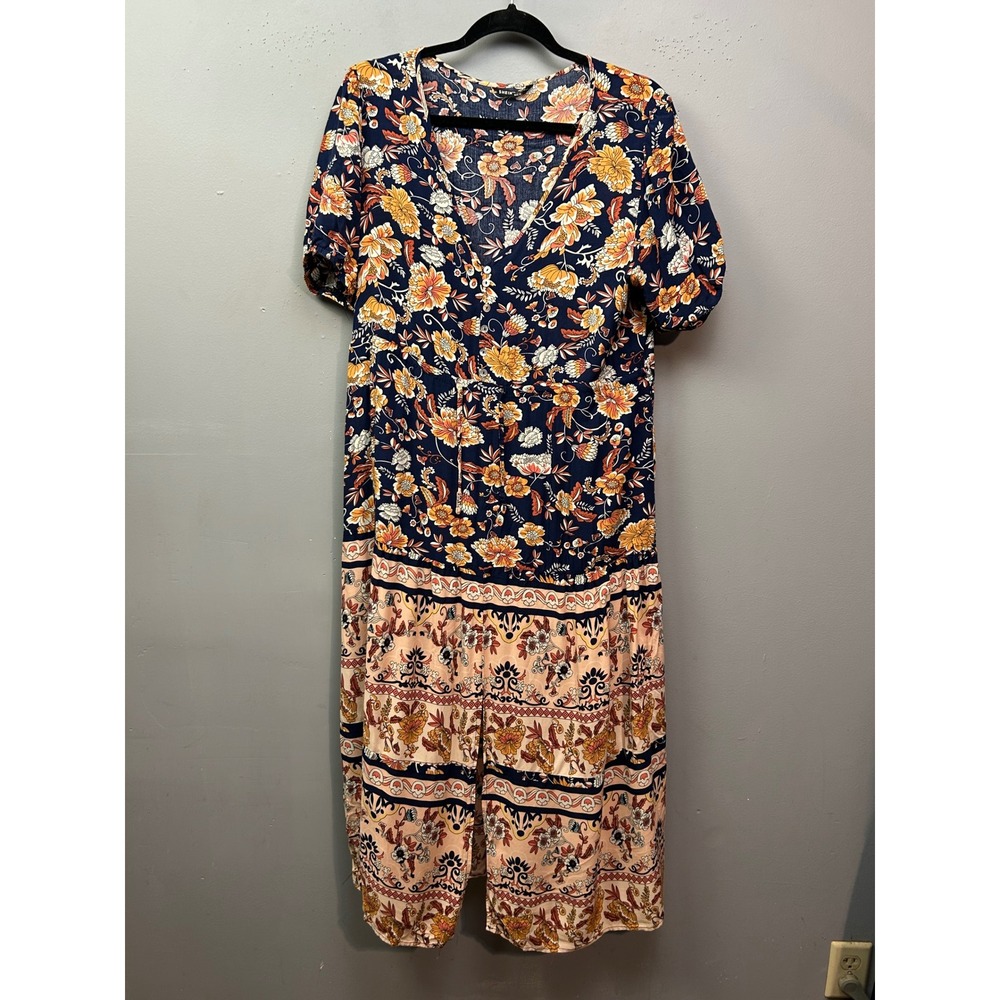 SHEIN Midi Dress Womens Large Blue Peach Floral Boho V-Neck Button Front Slit